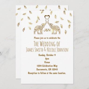 Two Elephants & Heart Gold Fall Wedding Invitations