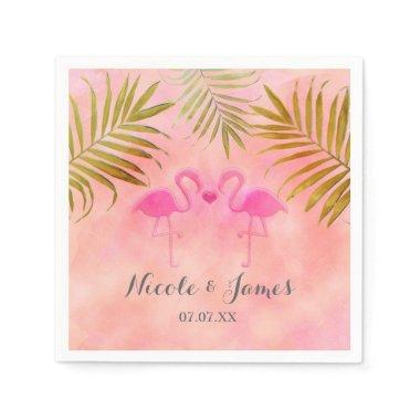 Two Pink Flamingos Watercolor Beach Wedding Napkin