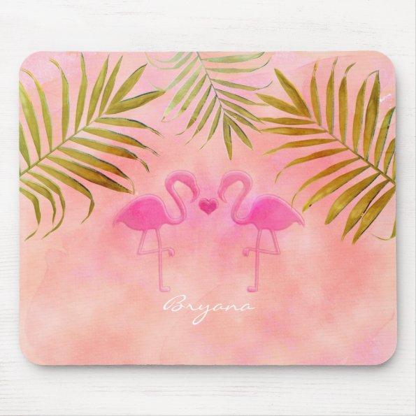 Two Pink Flamingos Watercolor Tropical Mouse Pad