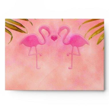 Two Pink Flamingos Watercolor Wedding Envelopes