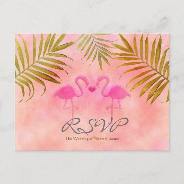 Two Pink Flamingos Watercolor Wedding RSVP cards
