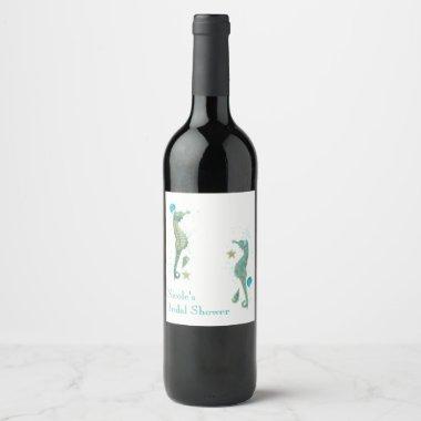 Two Seahorses Watercolor Beach Wedding Engagement Wine Label