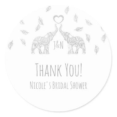 Two Silver Elephants & Fall Leaves Wedding Favor Classic Round Sticker