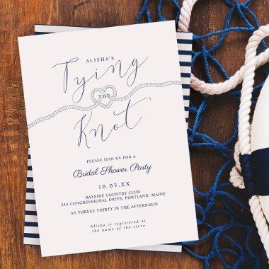 Tying The Knot Rope Heart Nautical Navy & White Invitations