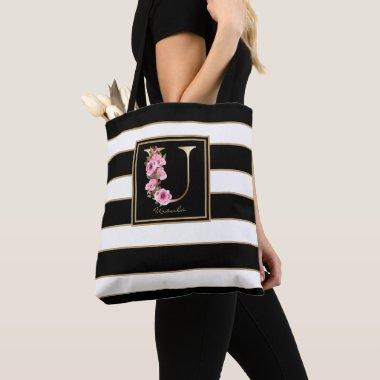 U Gold Floral Monogram | Black White Gold Stripes Tote Bag