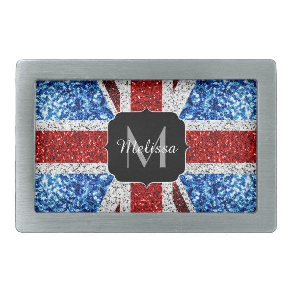 UK flag red blue white sparkles glitters Monogram Belt Buckle