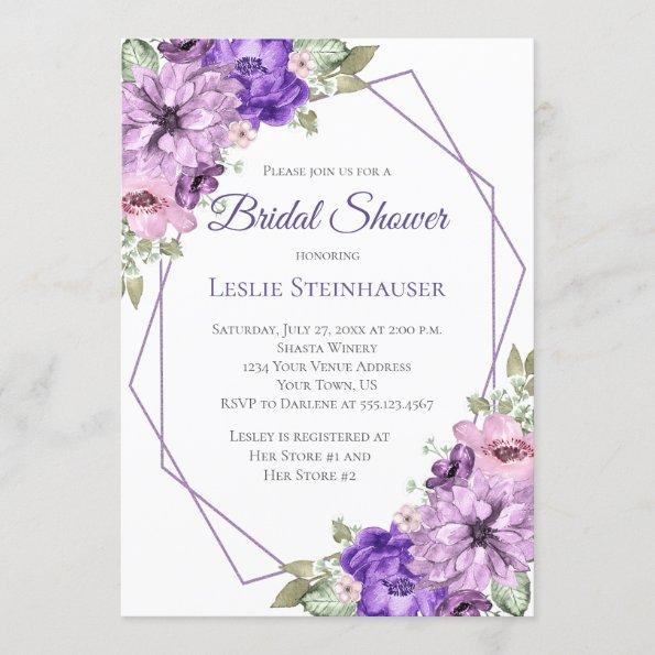 Ultra Violet Purple Floral Geometric Bridal Shower Invitations