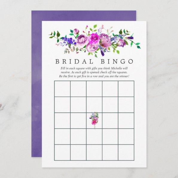 Ultra Violet Watercolor Floral Bridal Shower Bingo Invitations