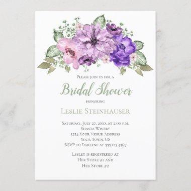 UltraViolet Purple Sage Green Floral Bridal Shower Invitations