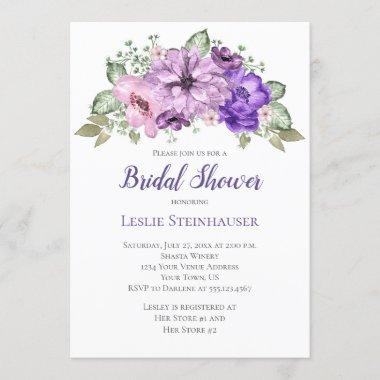 UltraViolet Purple Sage Green Floral Bridal Shower Invitations