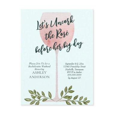 Uncork the Rosé Wine Watercolor Bachelorette Party PostInvitations