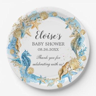 Under the Sea Ocean Blue Gold Boy Baby Shower Paper Plates