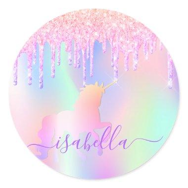 Unicorn glitter pink iridescent rose gold birthday classic round sticker