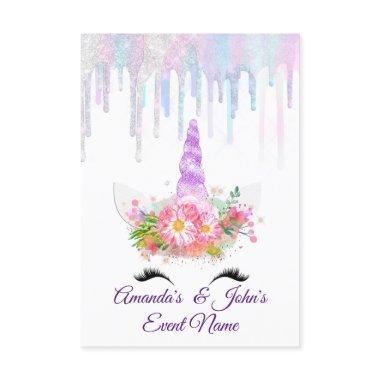 Unicorn Party 1th 2th Baby Holograph Pink Purple Invitations