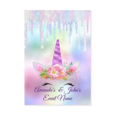 Unicorn Party 1th 2th Baby Holograph Pink Purple Invitations