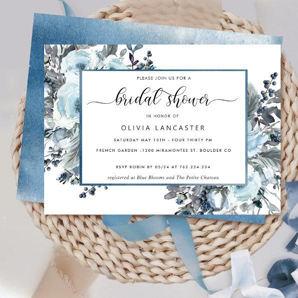 Unique Blue Watercolor, Blue Floral Bridal Shower Invitations