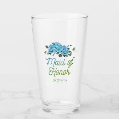 Unique Wedding Rustic Blue Roses Maid of Honor Glass