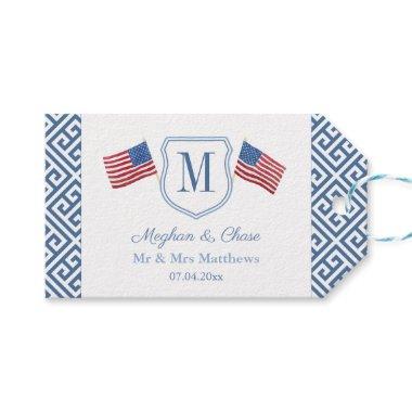 USA Flags Patriotic Monogram Crest Wedding Shower Gift Tags