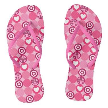 Valentines Cute Pink Heart and Flower Dots Pattern Flip Flops