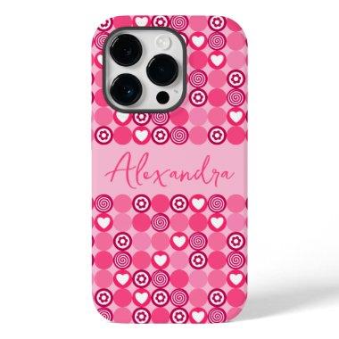 Valentines Cute Pink Heart and Flower Pattern Name Case-Mate iPhone 14 Pro Case