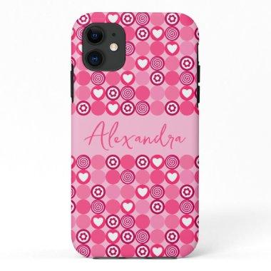 Valentines Cute Pink Heart and Flower Pattern Name iPhone 11 Case