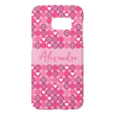 Valentines Cute Pink Heart and Flower Pattern Name Samsung Galaxy S7 Case