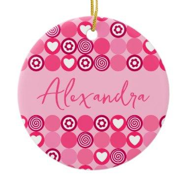 Valentines Cute Pink Heart and Flower Pattern Name Ceramic Ornament