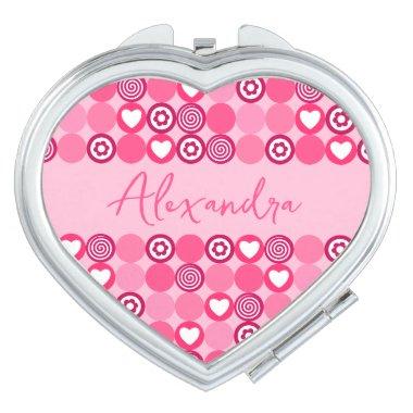 Valentines Cute Pink Heart and Flower Pattern Name Compact Mirror