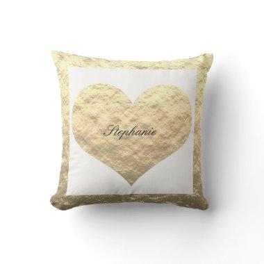 Valentine's Day Big Heart Monogram Gold Foil White Throw Pillow