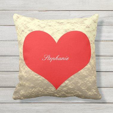 Valentine's Day Big Red Heart Monogram Gold Foil Outdoor Pillow