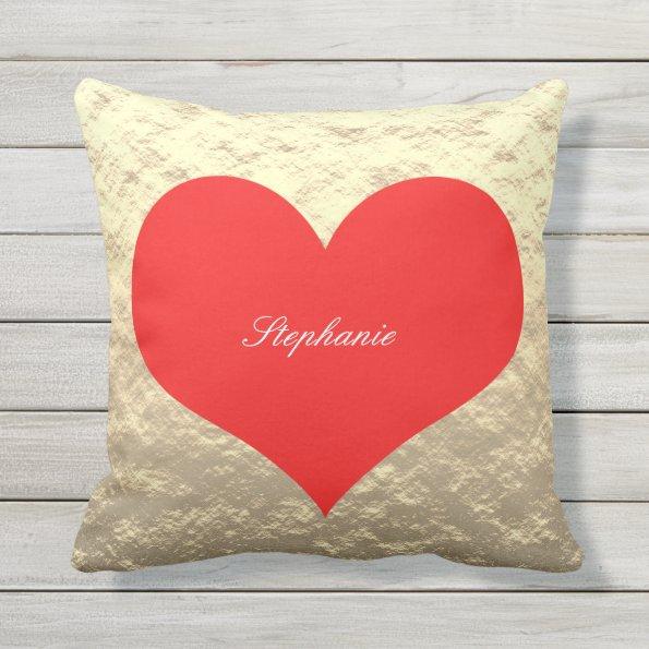 Valentine's Day Big Red Heart Monogram Gold Foil Outdoor Pillow