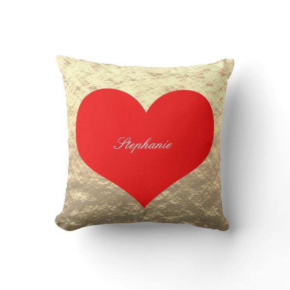 Valentine's Day Big Red Heart Monogram Gold Foil Throw Pillow