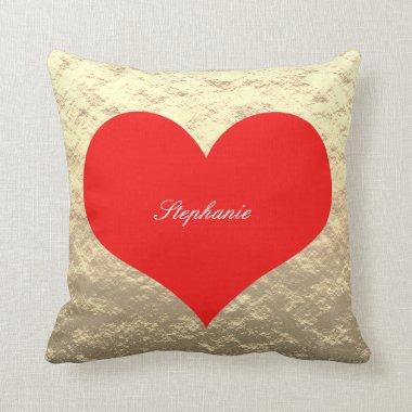 Valentine's Day Big Red Heart Monogram Gold Foil Throw Pillow