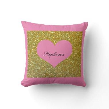 Valentine's Day Gold Glitter Monogram Heart Pink Throw Pillow