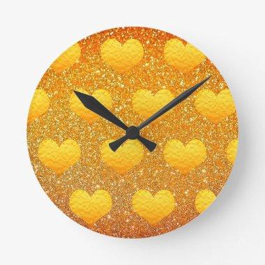 Valentine's Day Gold Heart Pattern Glitter Sparkly Round Clock