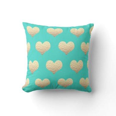 Valentine's Day Gold Heart Pattern Turquoise Teal Outdoor Pillow