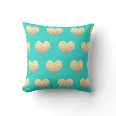 Valentine's Day Gold Heart Pattern Turquoise Teal Throw Pillow