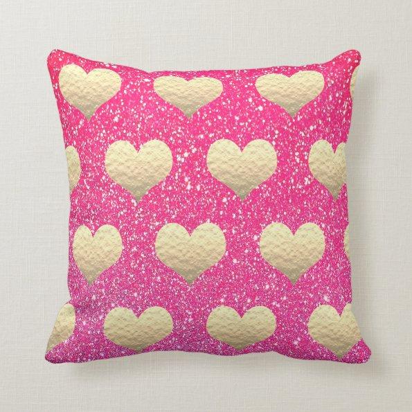Valentine's Day Gold Heart Patterns Pink Glitter Throw Pillow