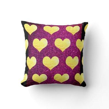 Valentine's Day Gold Hearts Pink Black Glittery Throw Pillow