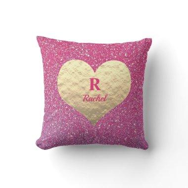 Valentine's Day Heart Gold Pink Glitter Monograms Throw Pillow