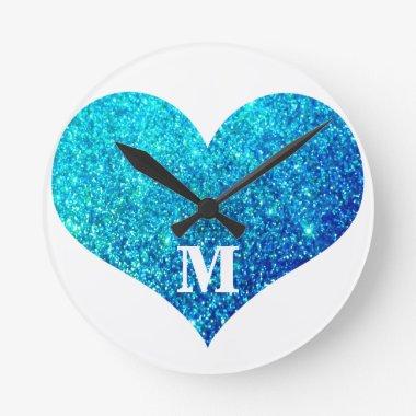 Valentine's Day Heart Monogram Blue Glitter Cute Round Clock