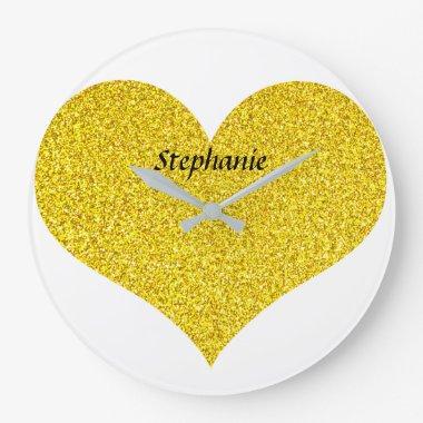 Valentine's Day Heart Monogram Gold Glitter 2022 Large Clock