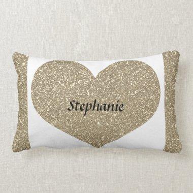 Valentine's Day Heart Monogram Gold Glitter White Lumbar Pillow