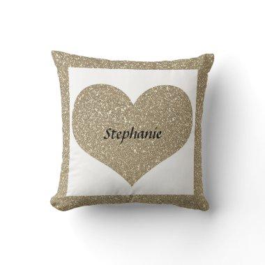 Valentine's Day Heart Monogram Gold Glitter White Throw Pillow