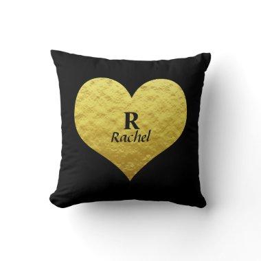 Valentine's Day Heart Monogram Gold Golden Black Throw Pillow