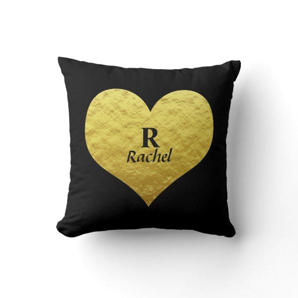 Valentine's Day Heart Monogram Gold Golden Black Throw Pillow