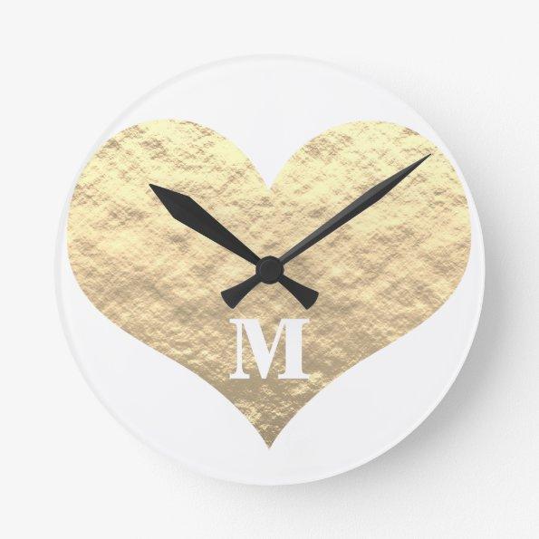 Valentine's Day Heart Monogram Initials Gold White Round Clock