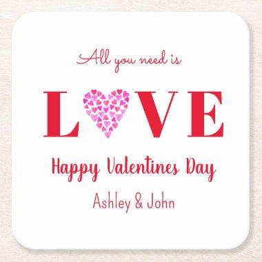 Valentines Day Love Script Red Heart Square Paper Coaster