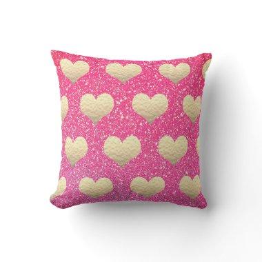 Valentine's Day Pink Glitter Golden Hearts Pattern Outdoor Pillow