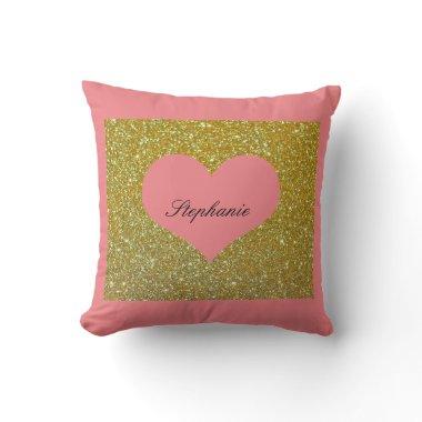 Valentine's Day Pink Gold Glitter Monogram Heart Throw Pillow